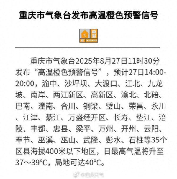 东南配资 重庆发布高温橙色预警，局地或达40℃